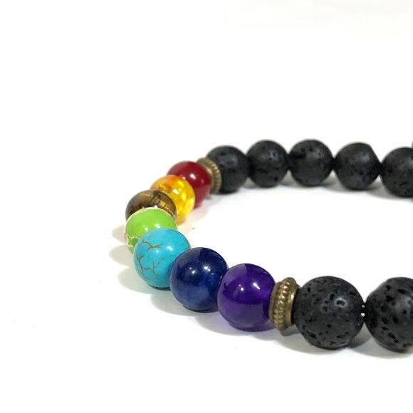 Chakra Bracelet Lava Stone Black Rainbow Adjustable Unisex Gemstone Healing - Picture 4 of 7